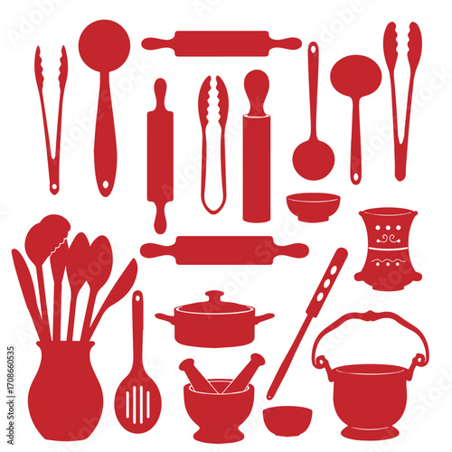 Collection of red kitchen utensils and cooking tools silhouettes on a white background