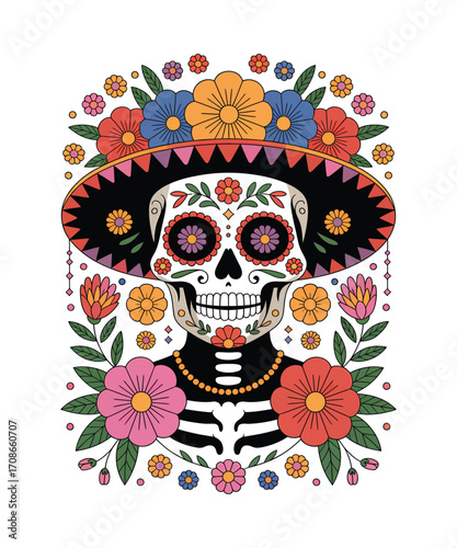 Stylized skull with sombrero and colorful flowers skeleton