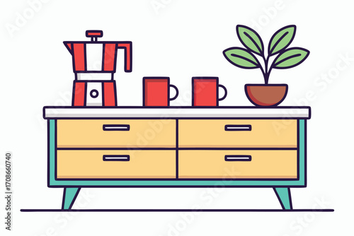 Colorful Flat Illustration of a Coffee Station on a Cabinet coffee maker moka pot
