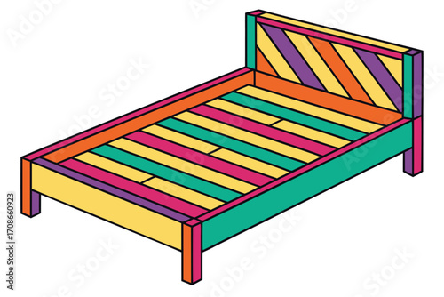 Colorful Isometric Wooden Bed Frame with Striped Headboard and Slats furniture bedroom