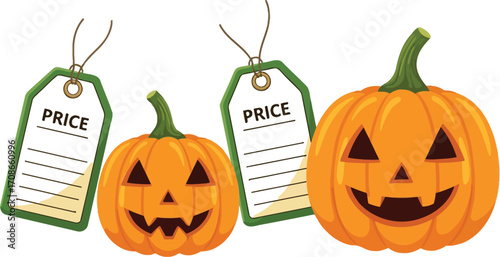 Happy carved pumpkins with price tags, ready for Halloween sale