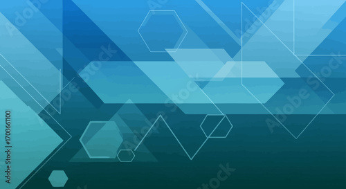 Abstract geometric background with overlapping translucent shapes in shades of blue and teal, featuring hexagons and rhombuses.