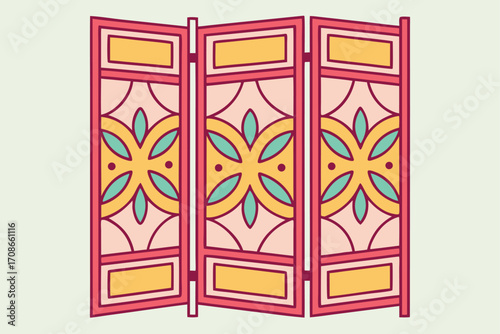 Decorative Folding Screen With Geometric Floral Patterns antique barrier