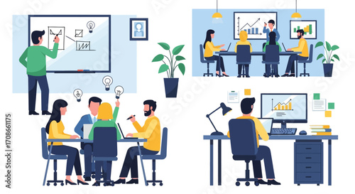 Illustrations depicting various business activities including presentations, team meetings, brainstorming sessions, and individual office work.