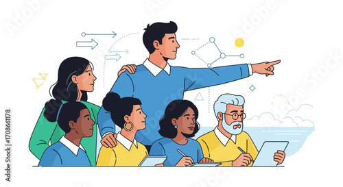 Diverse group of people collaborating, looking towards a shared vision.