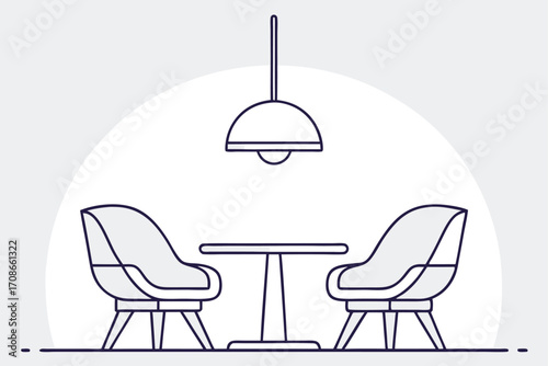 Dining Table and Chairs with Pendant Lamp Outline Drawing Isolated on Light Background interior
