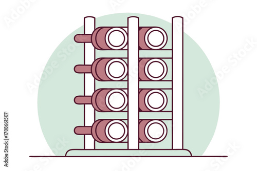 Flat Design Wine Rack with Bottles on a Pale Green Circle Background storage cellar