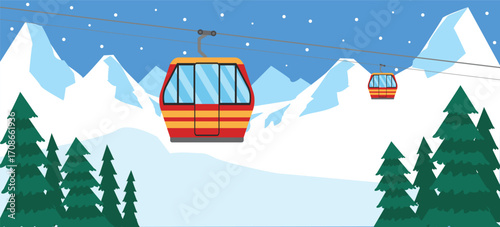 Cable cars or aerial lift on winter landscape with mountains. Nature vector illustration.