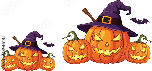 Spooky jack-o'-lanterns with witch hats and bats for Halloween fun