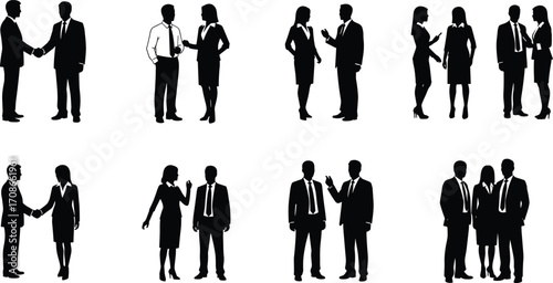 Business people silhouettes, handshake, teamwork, corporate interaction, professional communication, office collaboration, leadership, networking, formal attire, vector illustration, workplace concept