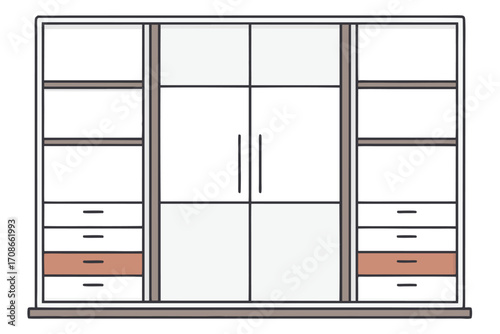 Illustration of a White Wardrobe with Shelves and Drawers closet furniture