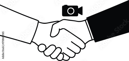 Business partnership agreement handshake with camcorder recording vector illustrator