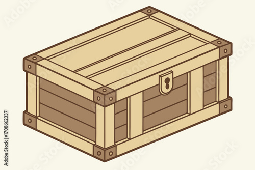 Isometric drawing of a wooden treasure chest with metal accents on a light background vector