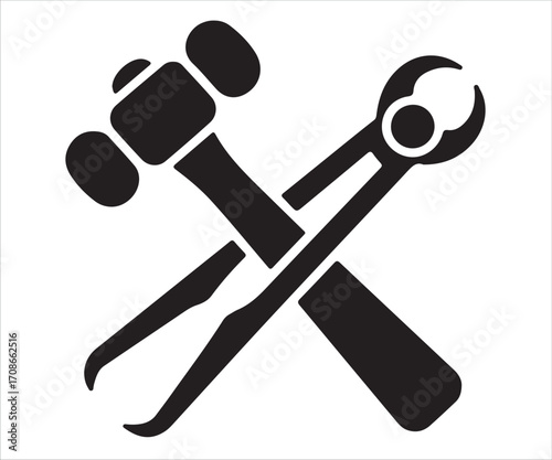 Hammer and pliers crossed black silhouette vector illustration isolated on white
