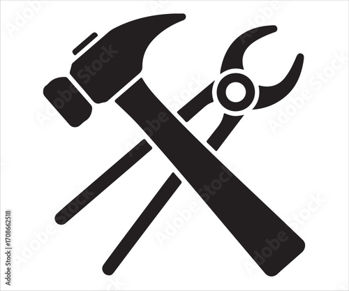 Black silhouette of hammer and pliers crossed isolated on white background, simple vector illustration for construction, repair, handyman tools, carpentry, maintenance, workshop, and industrial design