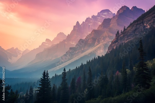 Sunrise and sunset over snowy alpine mountain peaks with forest valley and clouds in the Dolomites Italy