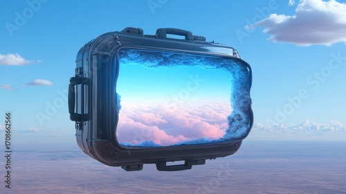 Futuristic suitcase with a sky window floats above a desert landscape