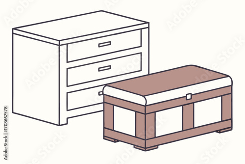 Isometric Line Art Drawing of a Chest of Drawers and a Wooden Trunk furniture dresser