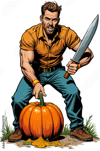 A muscular man with a tense expression is carving a pumpkin with a large knife on a transparent background