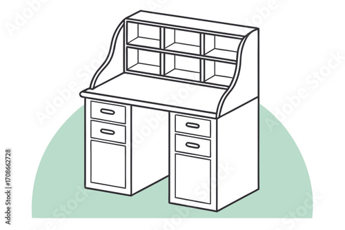 Isometric Line Art Illustration of a Roll- Top Desk with Shelves and Drawers furniture roll-top