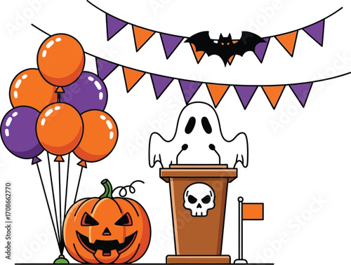 Spooky ghost speaking at podium decorated with skull and Halloween balloons