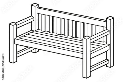 Isometric line art illustration of a wooden park bench seating outdoor furniture