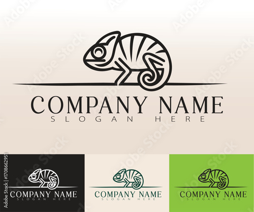 A clean minimalist logo featuring a chameleon in line art style.