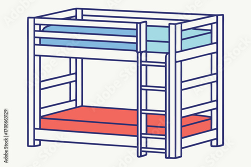 Isometric Line Drawing of a Bunk Bed with Red and Blue Mattresses furniture bedroom