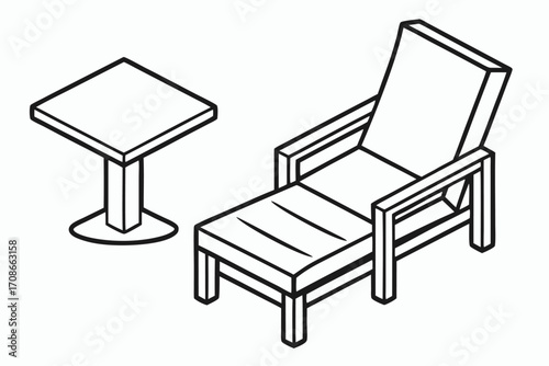Isometric Line Drawing of a Chaise Lounge and Small Square Table lounge chair outdoor furniture