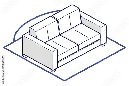 Isometric line drawing of a two-seater sofa on a rug couch furniture