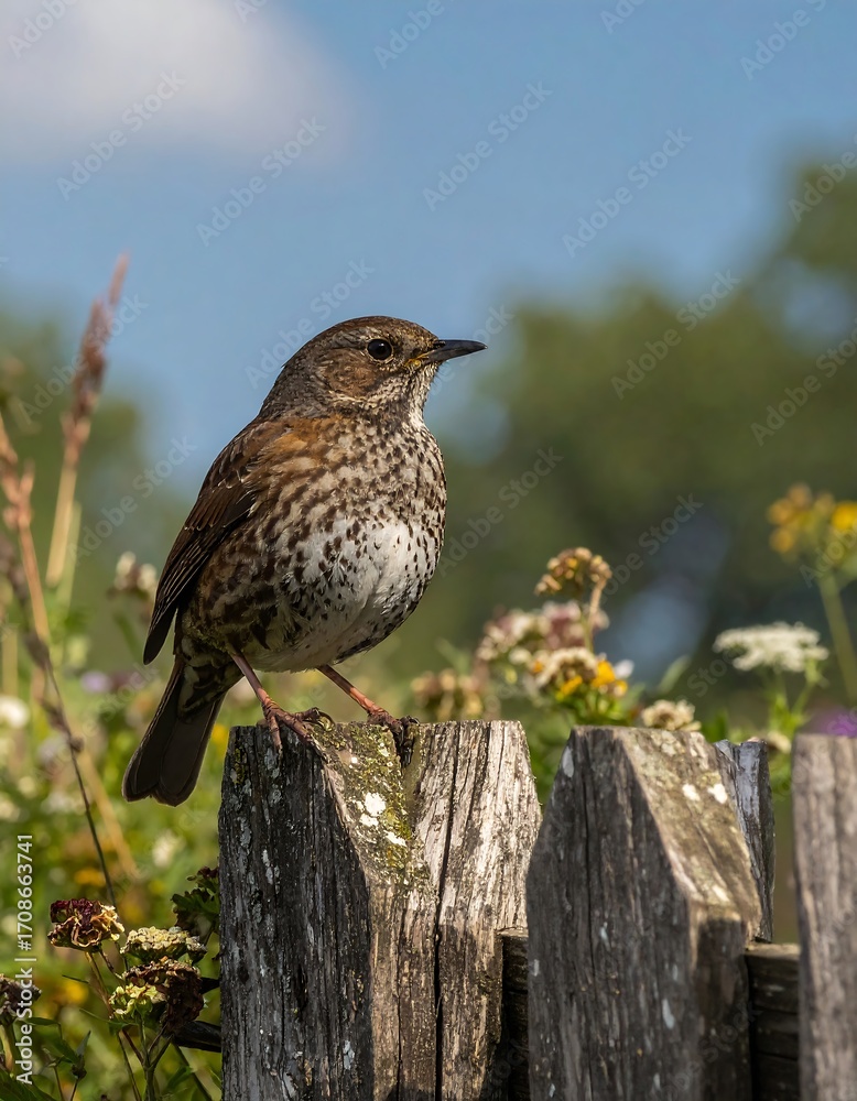 Fototapeta premium A small bird perched on a weathered wooden fence