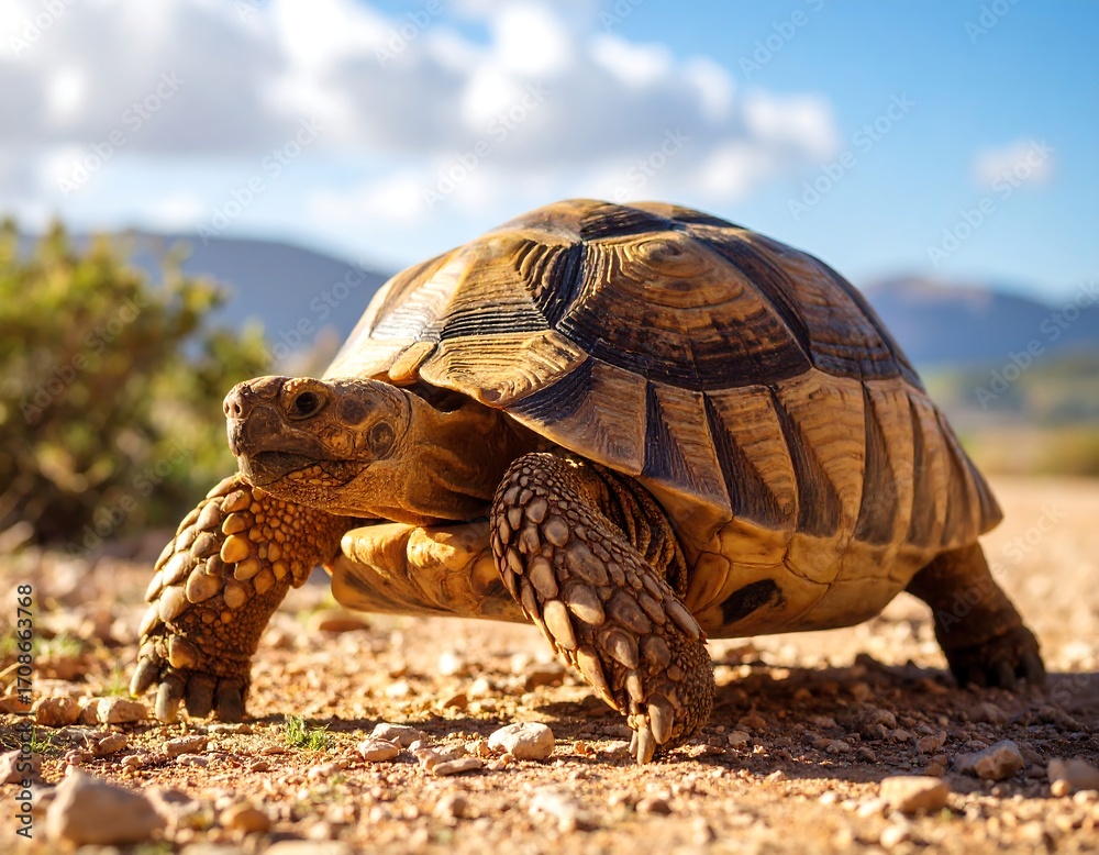 Fototapeta premium Tortoise in sunlit, arid landscape
