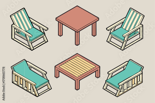 Isometric Outdoor Furniture Set With Chairs and Tables patio furniture deck furniture