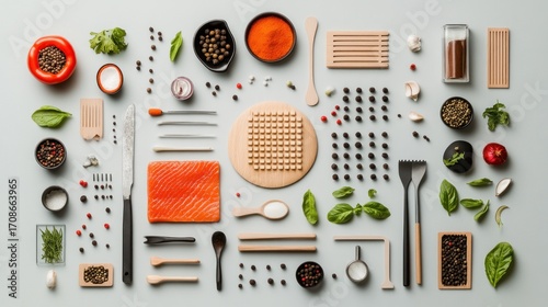 Flat lay of culinary ingredients and utensils on a light gray surface