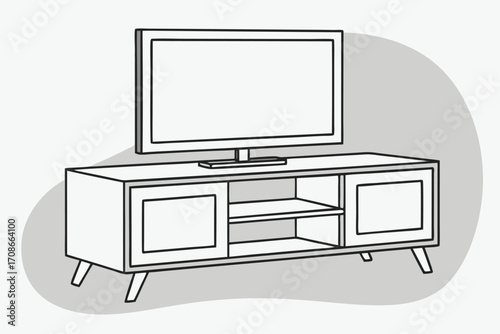 Isometric Outline Television on Stand with Shelves and Doors on White Background media console