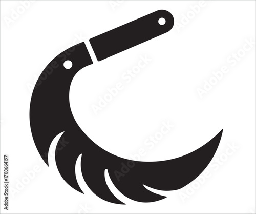 Black silhouette of sickle isolated on white background, simple agricultural tool vector illustration for farming, harvest, gardening, cutting crops, rural work, vintage tool, and agriculture design u