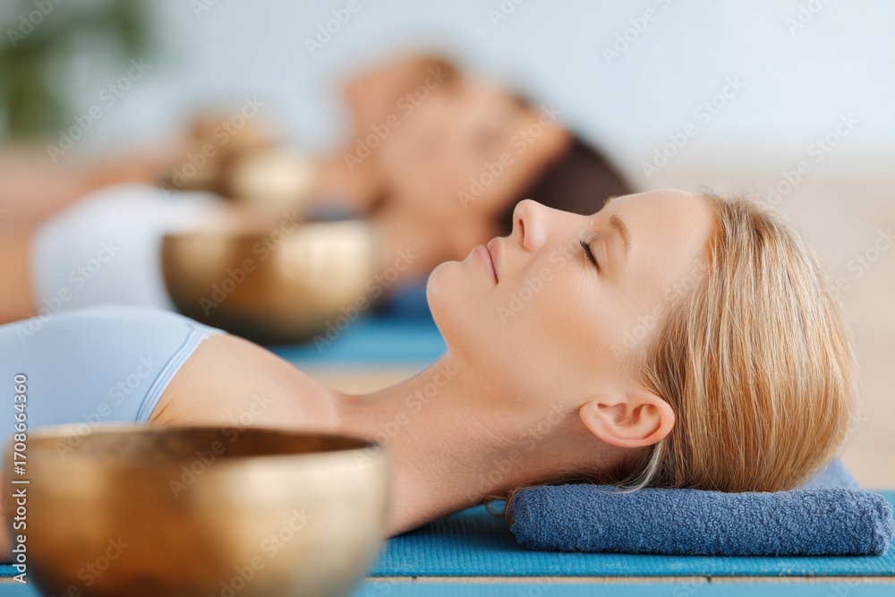 Obraz premium Women lying on yoga mats with singing bowls, enjoying a serene atmosphere, promoting relaxation and mindfulness in a tranquil setting with soft lighting and calming colors