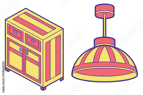 Isometric Yellow and Red Cabinet and Pendant Lamp furniture pendant light