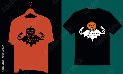 Vector T-shirt illustration featuring a spooky black cat and a pumpkin under a full moon for a scary Halloween night design