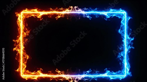 Dynamic frame with blue and orange flames flickering against black background for video overlay