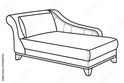 Line art drawing of a chaise lounge with a curved back and upholstered seat sofa couch