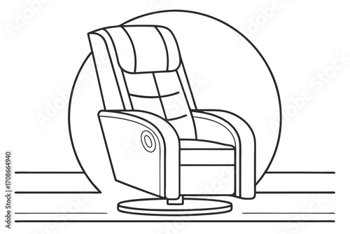 Line art drawing of a reclining massage chair with a circular background recliner furniture