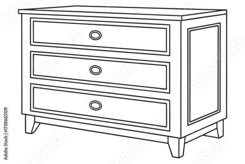 Line Art Drawing of a Three Drawer Chest of Drawers with Oval Handles dresser furniture