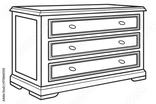 Line art drawing of a three-drawer dresser with oval knobs and decorative trim chest of drawers