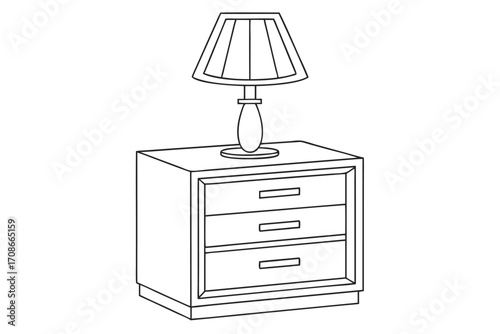 Line art drawing of a three-drawer nightstand with a table lamp on top bedside table furniture