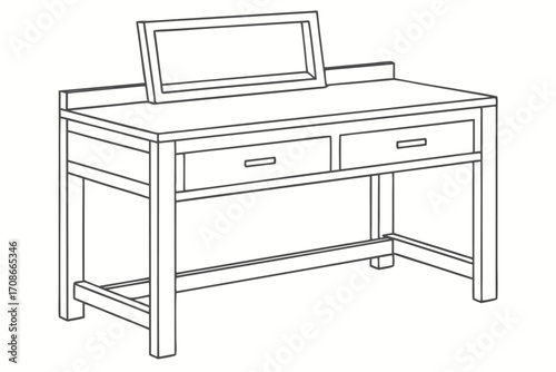 Line Art Dressing Table with Mirror and Two Drawers Keywords: dressing table, vanity, table, furniture