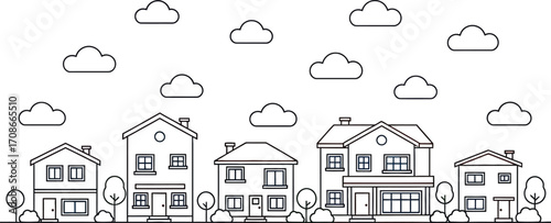Charming row of stylized houses under a cloudy sky, representing a peaceful neighborhood.