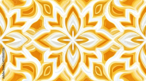 Abstract, symmetrical pattern of flowing orange and white shapes