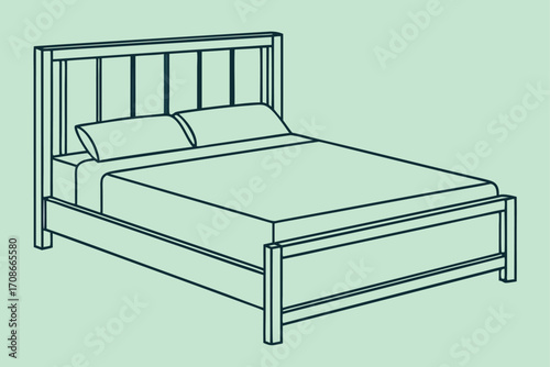 Line Art Illustration of a Double Bed with Headboard and Pillows bedroom furniture