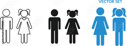 Simple icons representing male and female figures in outline, solid black, and blue styles